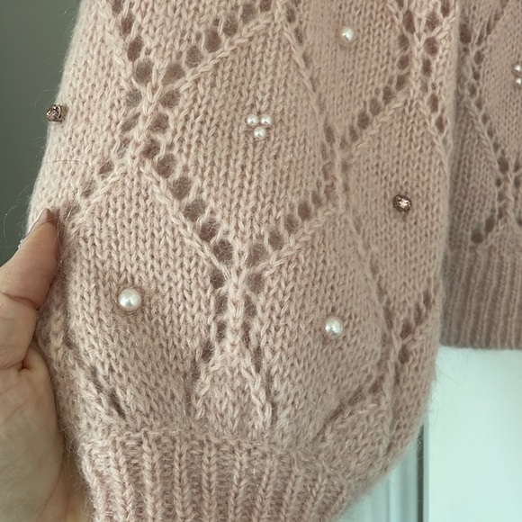 Sezane Federica Jumper Powder Pink Pearls Jewels open knit mohair Size M - Picture 6 of 9